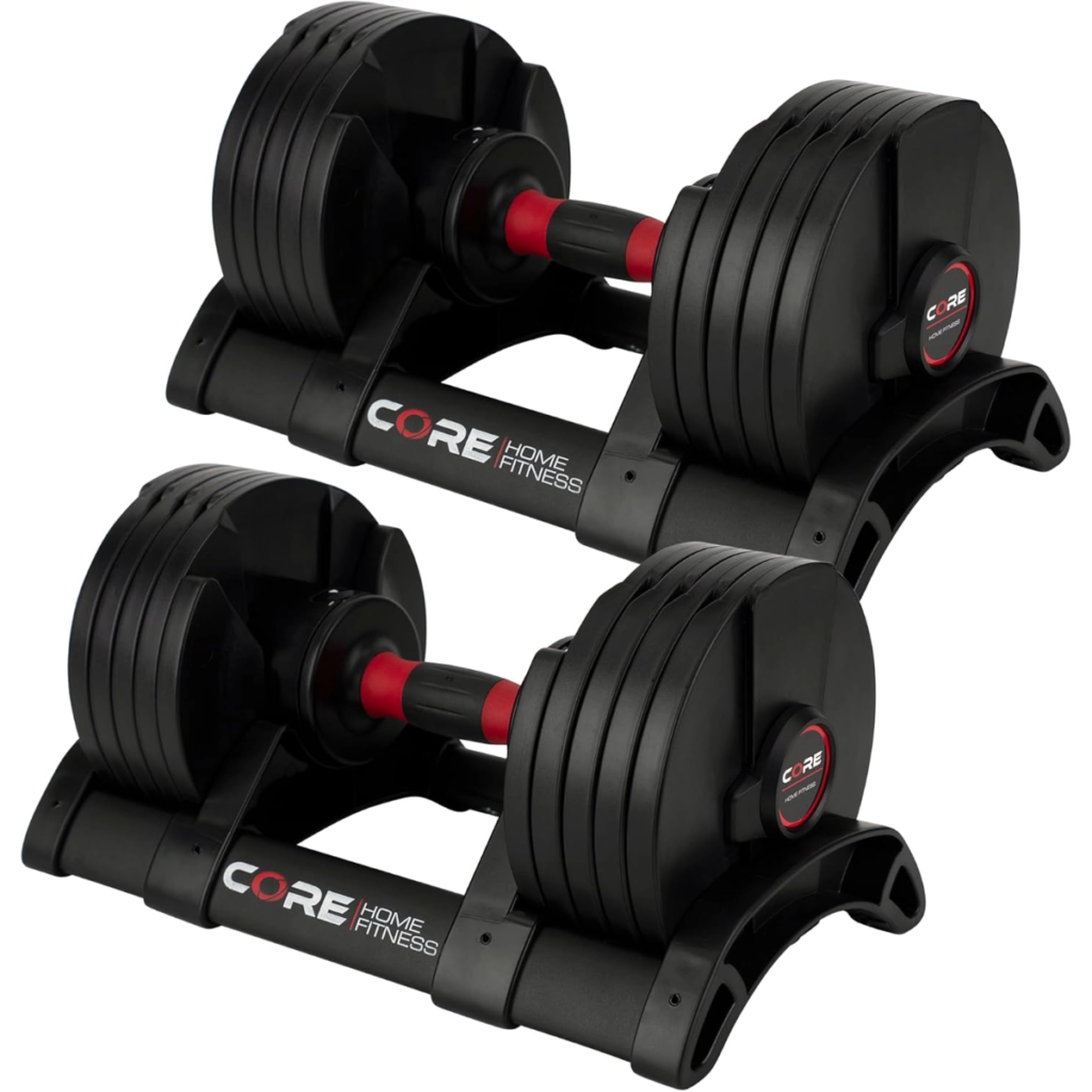 a rack of a home gym essentials and adjustable dumbbells